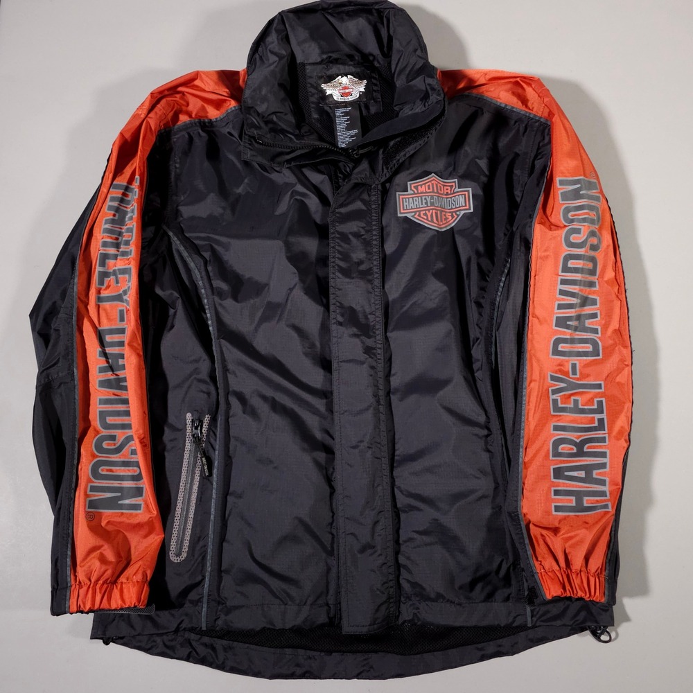 Harley Davidson Jacket Mens Medium Black Orange Windbreaker Packable Hood - Picture 1 of 11